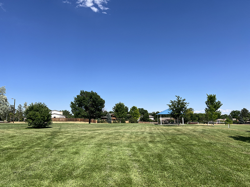 A field of grass with a park shelter in the background.