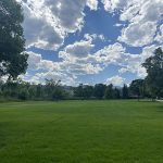 A large field with green grass and trees.