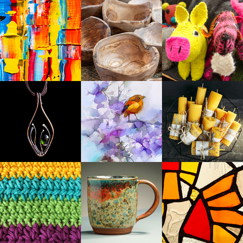 Collage of handcrafted artwork including paint, wood, fabric, jewelry, candles, stain glass and pottery